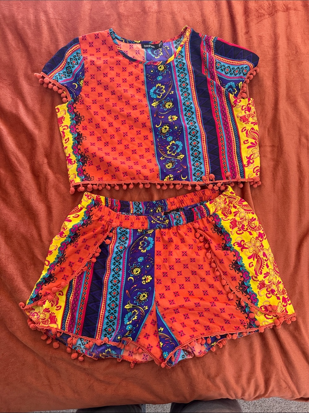 Boohoo Orange Multi-Color Pom Pom Crop Top & Shorts Set